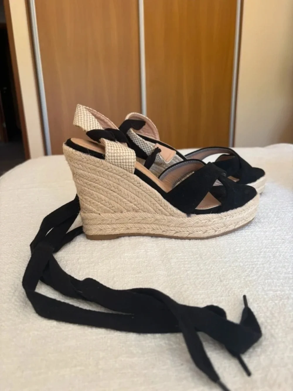 Dexter Black Suede Espadrille Wedge Sandals with Ankle Wrap